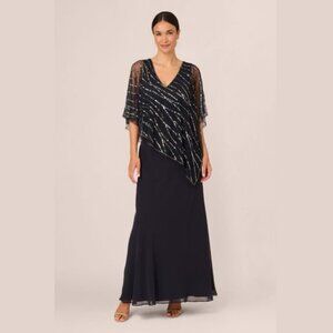 NWT ADRIANNA PAPELL Beaded Cape Overlay Dress in Midnight
